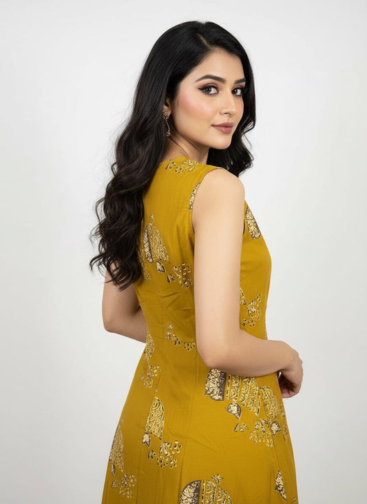 Mustard Yellow Sleeveless Printed Kurta Set for Women