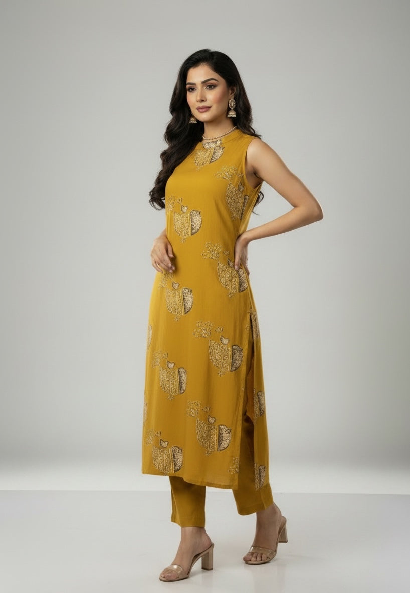 Mustard Yellow Sleeveless Printed Kurta Set for Women