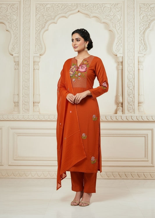 Side profile of Rust Orange Embroidered Cotton Kurta Set with Floral Yoke Design