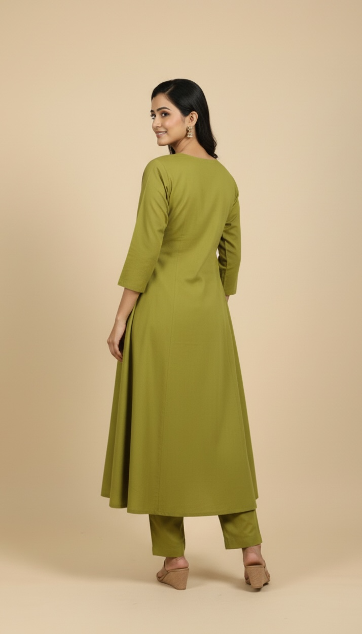 Olive Green Cotton A-Line Kurta Set with Ajarakh Print & Plazzo Pants
