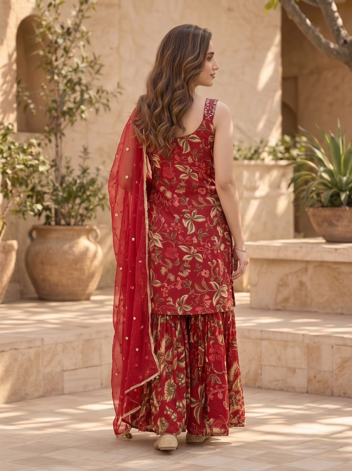 Red Chinon Sharara Set with Handwork & Embroidered Dupatta