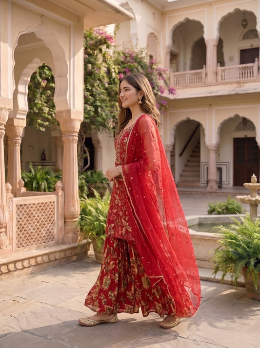 Red Chinon Sharara Set with Handwork & Embroidered Dupatta