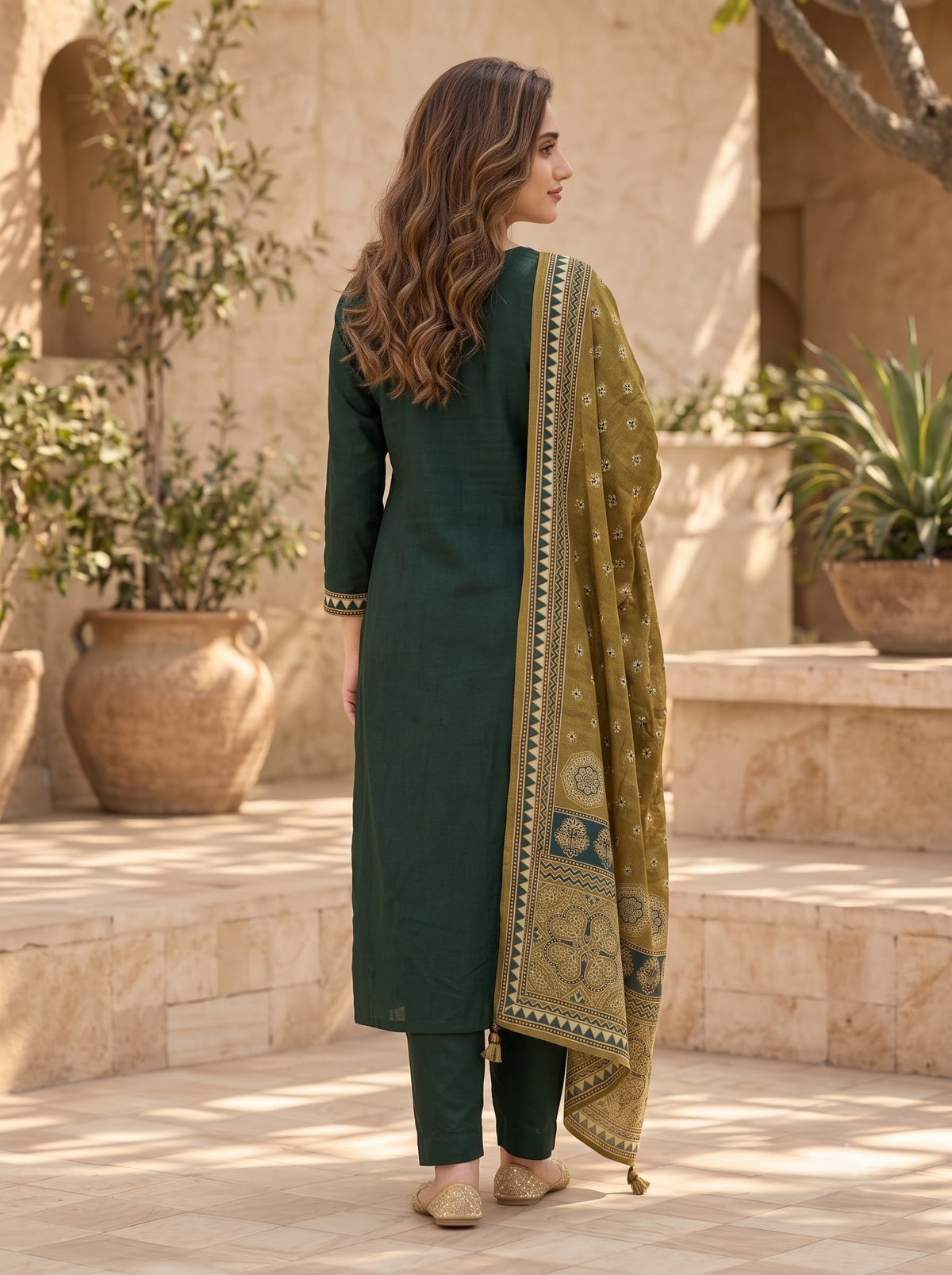 Forest Green Gajji Silk Kurta Set with Gamthi Embroidery & Kalamkari Dupatta