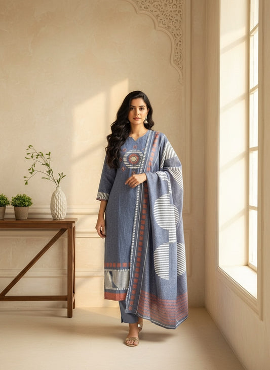 Blue Linen Kurta Set with Mirror Work & Geometric Print Dupatta