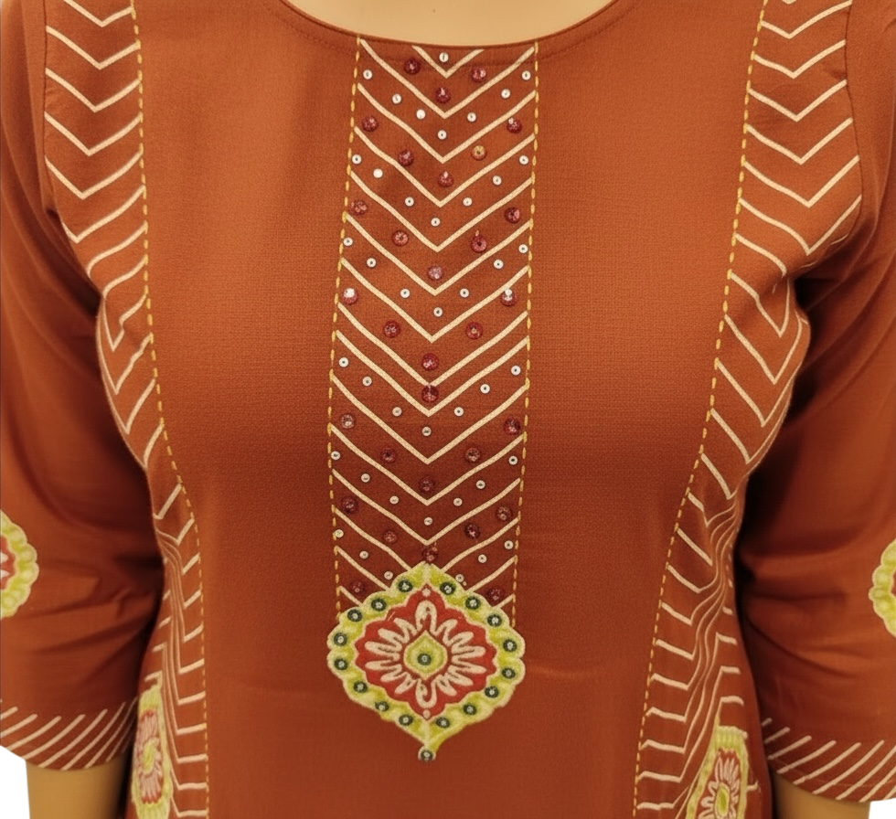 Orange Pure Cotton Ajrakh Printed Kurta Set with Handwork Neckline & Dupatta3