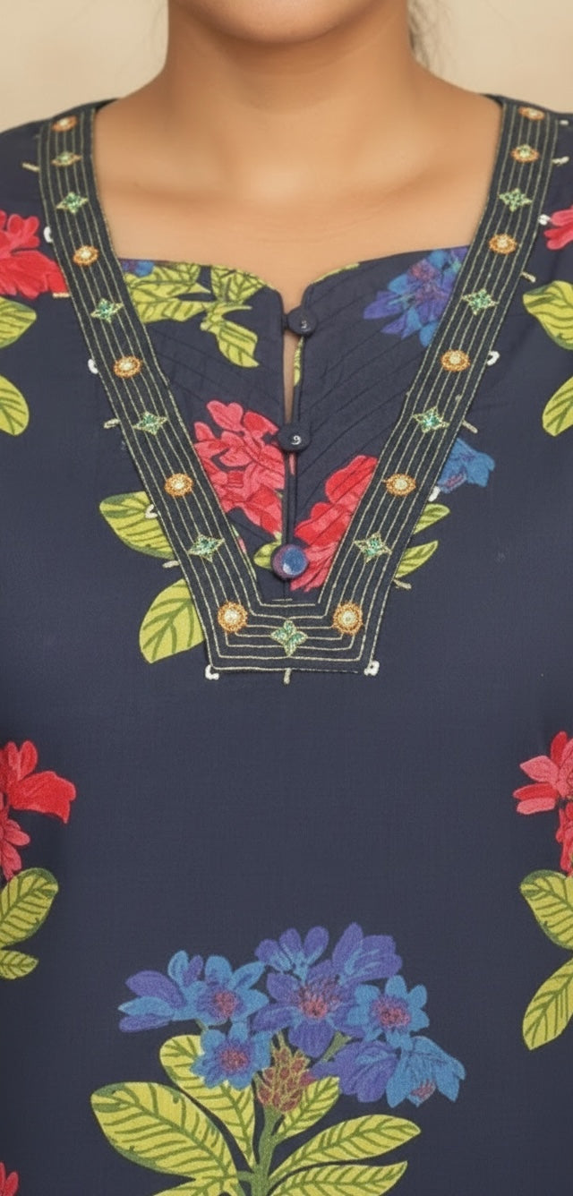 Navy Blue Floral Block Print Cotton Kurta Set with Embellished Neckline & Striped Dupatta