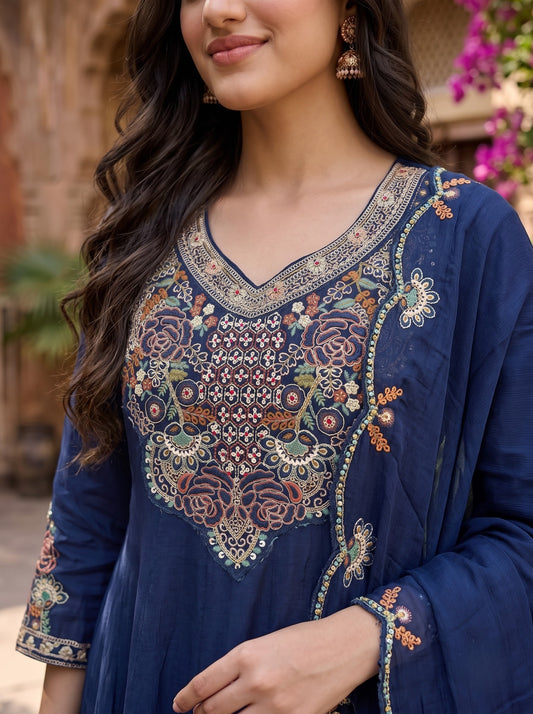 Navy Blue Mal Chanderi A-Line Kurta Set