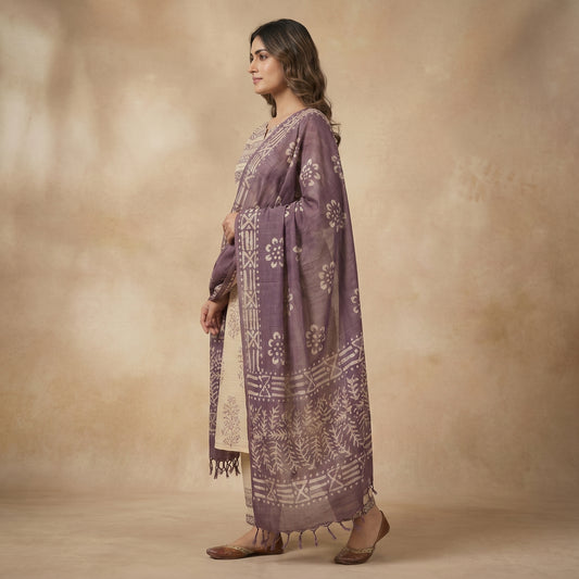 Full Outfit – Beige Block Print Cotton Silk Kurta Set with Dupatta