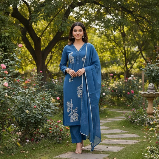 Pure Cotton Blue Kurta Set With Beads Handwork and Lace Dupatta