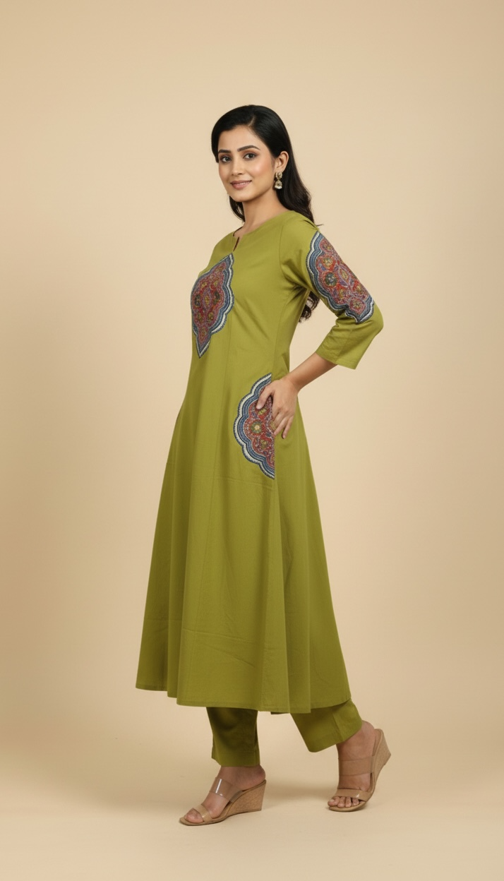 Olive Green Cotton A-Line Kurta Set with Ajarakh Print & Plazzo Pants