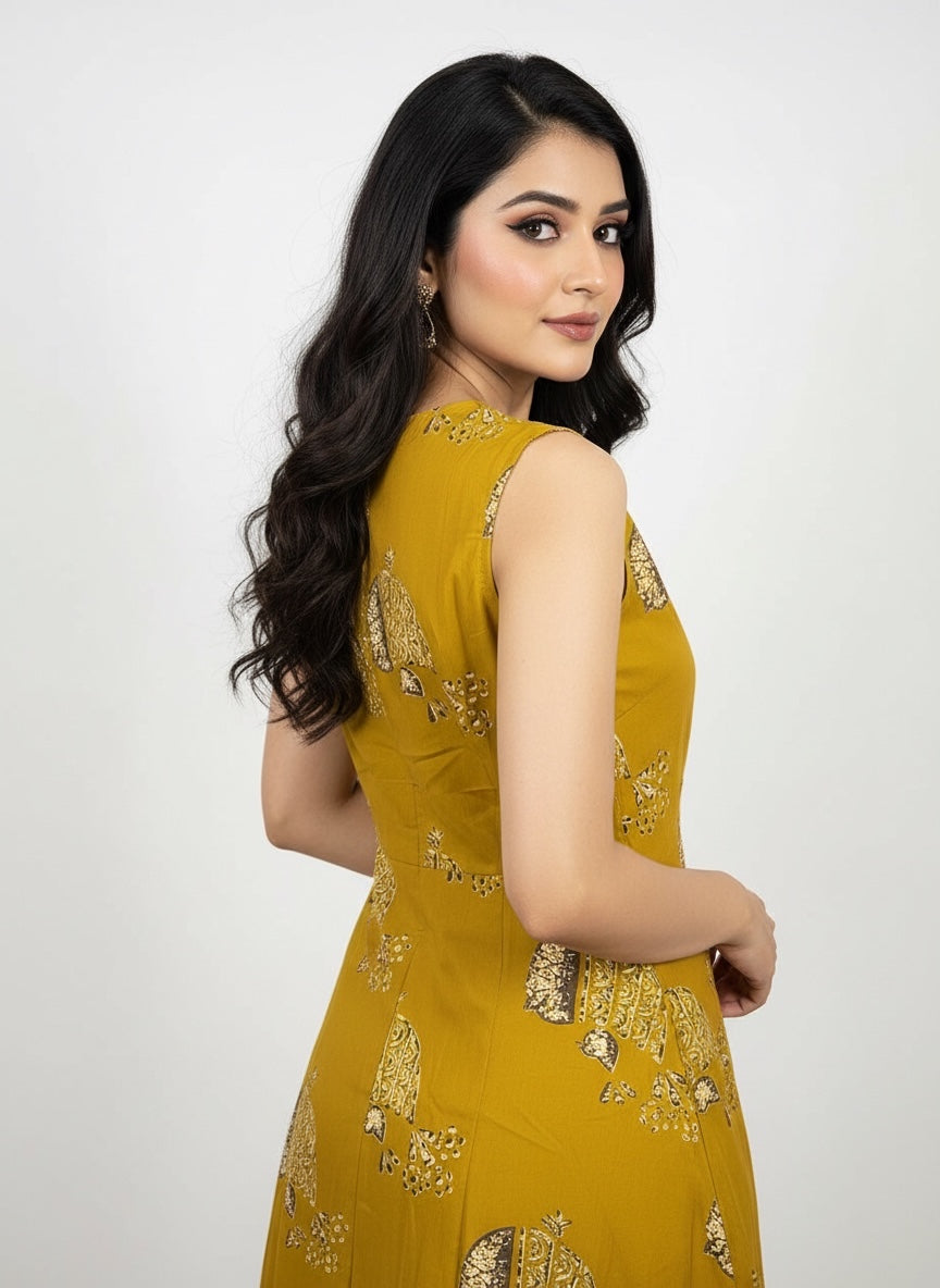 Mustard Yellow Sleeveless Printed Kurta Set for Women