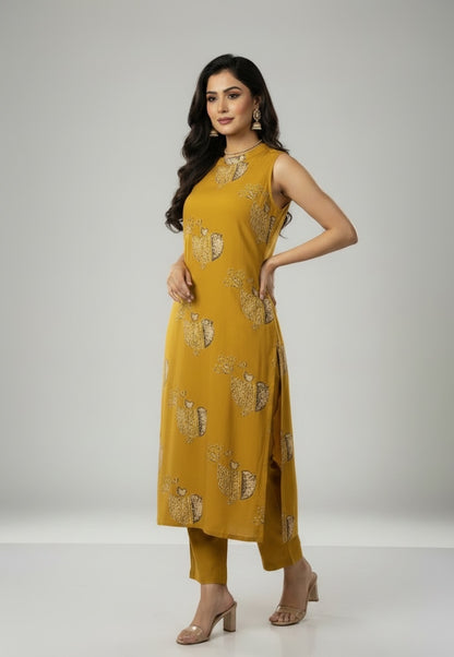 Mustard Yellow Sleeveless Printed Kurta Set for Women