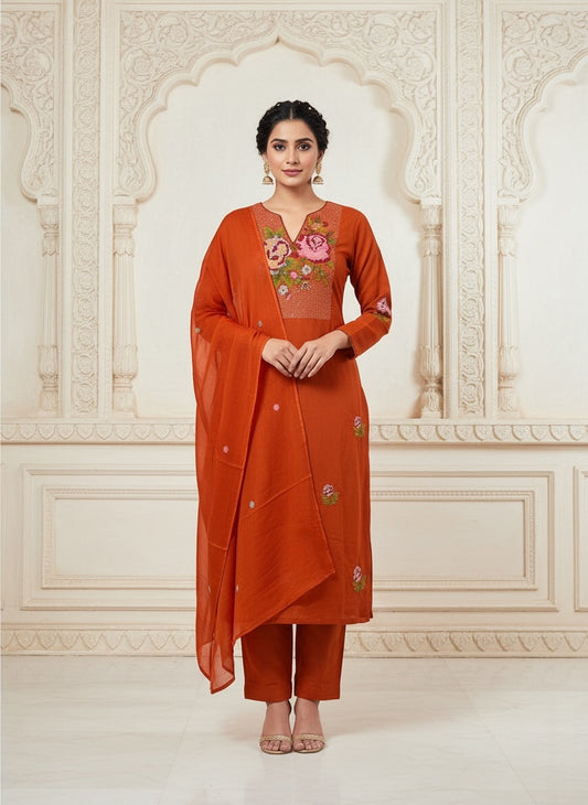 Rust Orange Cross Stitch Embroidered Cotton Kurta Set with Floral Yoke and Embroidered Dupatta for Women | Hana Label