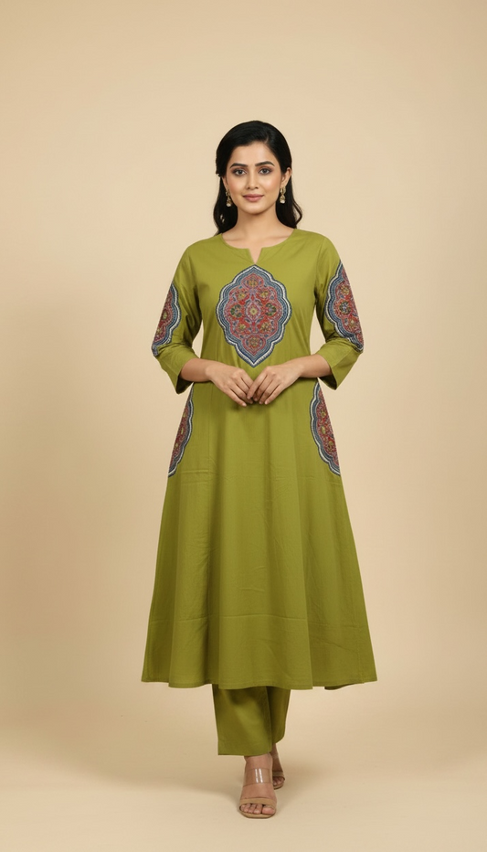 Olive Green Cotton A-Line Kurta Set with Ajarakh Print & Plazzo Pants