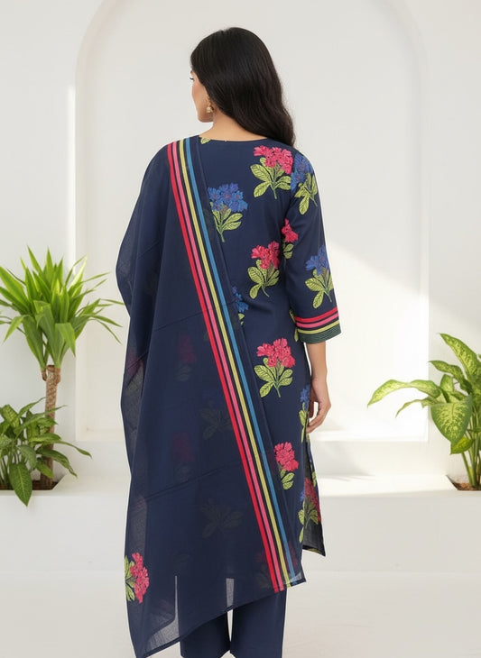 Navy Blue Floral Block Print Cotton Kurta Set with Embellished Neckline & Striped Dupatta