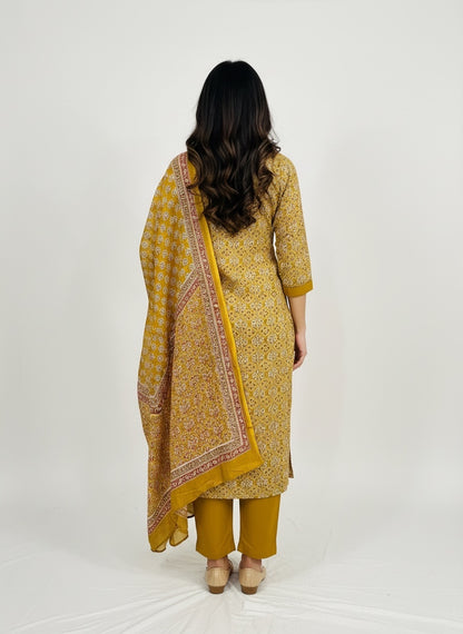 Mustard Yellow Bagru Block Print Cotton Kurta Set with Embroidered Neckline & Printed Dupatta