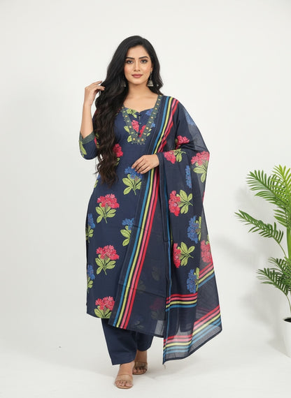 Navy Blue Floral Block Print Cotton Kurta Set with Embellished Neckline & Striped Dupatta