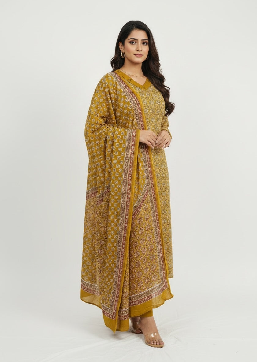 Mustard Yellow Bagru Block Print Cotton Kurta Set with Embroidered Neckline & Printed Dupatta