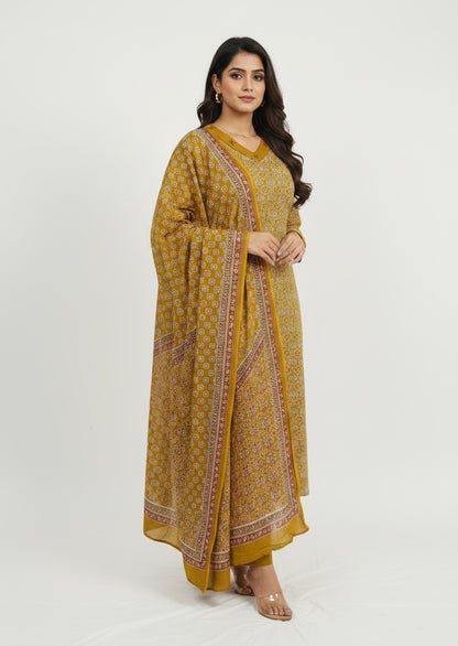Mustard Yellow Bagru Block Print Cotton Kurta Set with Embroidered Neckline & Printed Dupatta