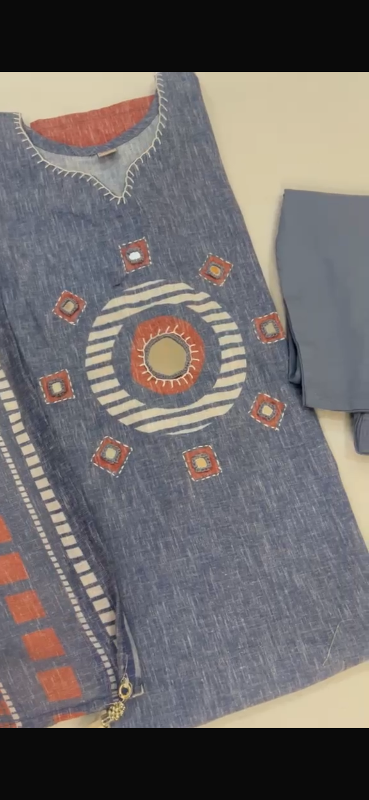 Blue Linen Kurta Set with Mirror Work & Geometric Print Dupatta