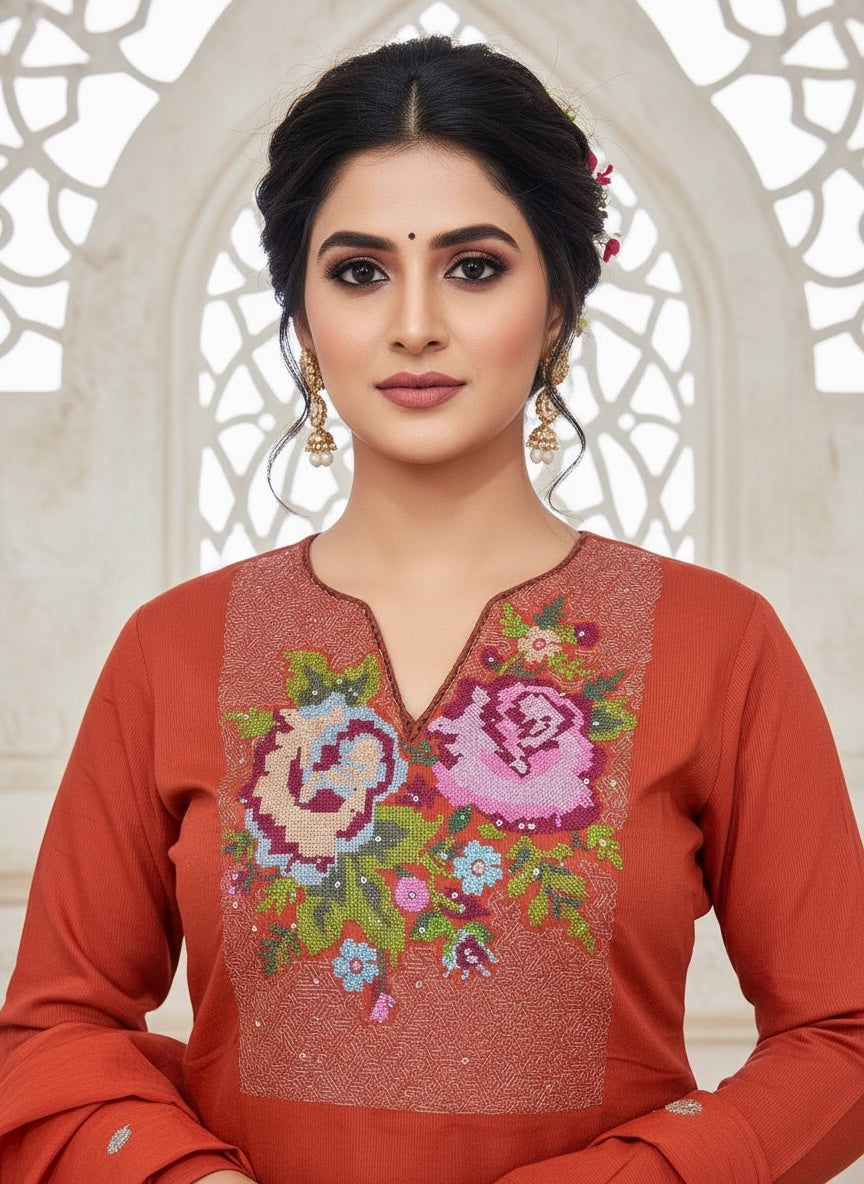 Close-up of cross stitch floral embroidery on the yoke of Rust Orange Cotton Kurta