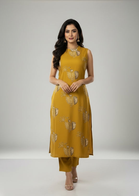 Mustard Yellow Sleeveless Printed Kurta Set for Women