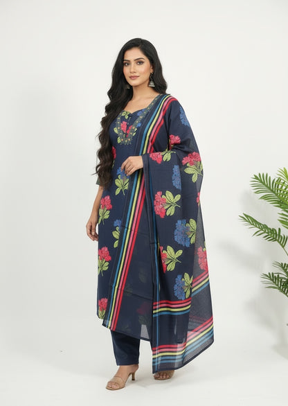 Navy Blue Floral Block Print Cotton Kurta Set with Embellished Neckline & Striped Dupatta