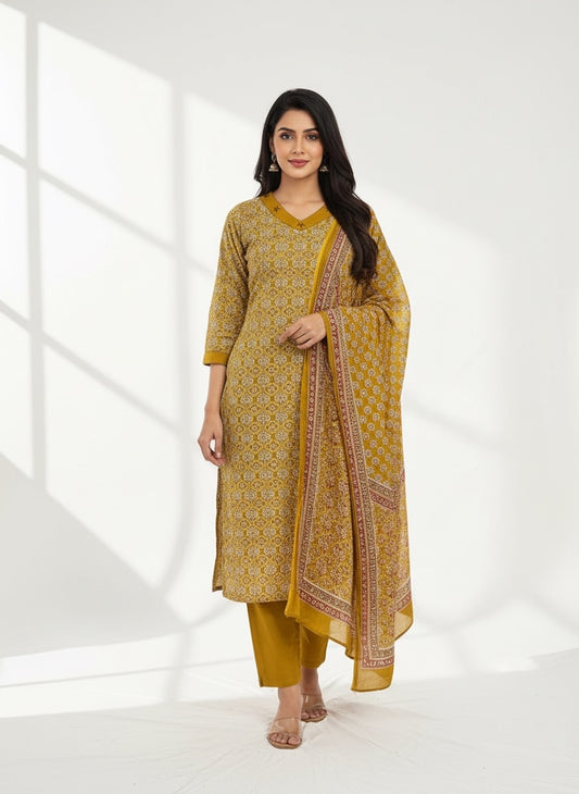 Mustard Yellow Bagru Block Print Cotton Kurta Set with Embroidered Neckline & Printed Dupatta