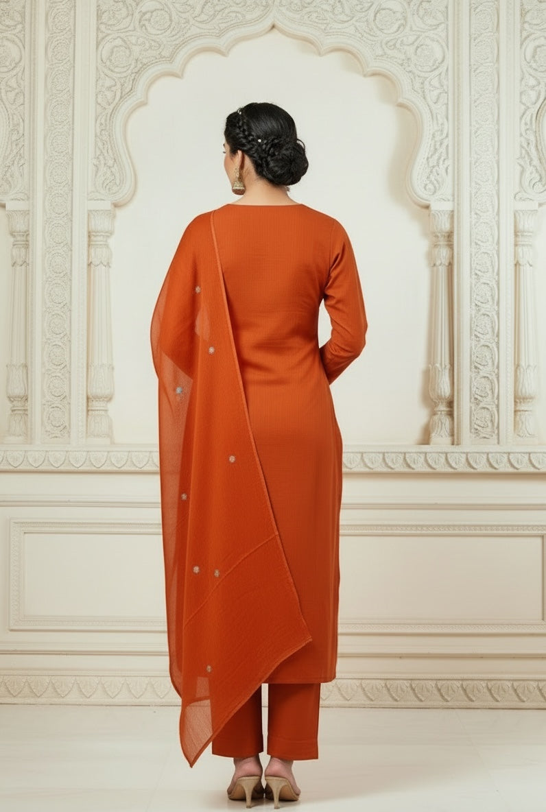 Back view of Rust Orange Cotton Kurta Pant Set with Embroidered Dupatta