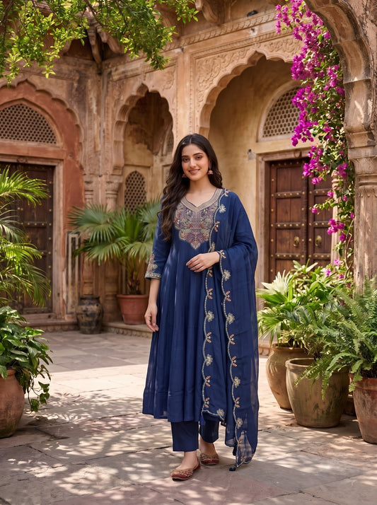 Navy Blue Mal Chanderi A-Line Kurta Set