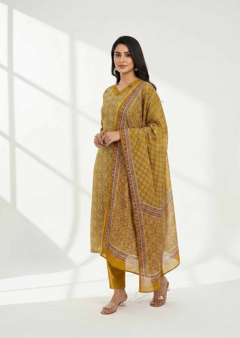 Mustard Yellow Bagru Block Print Cotton Kurta Set with Embroidered Neckline & Printed Dupatta