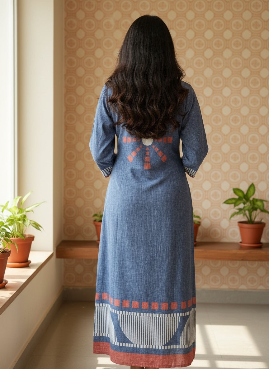 Blue Linen Kurta Set with Mirror Work & Geometric Print Dupatta