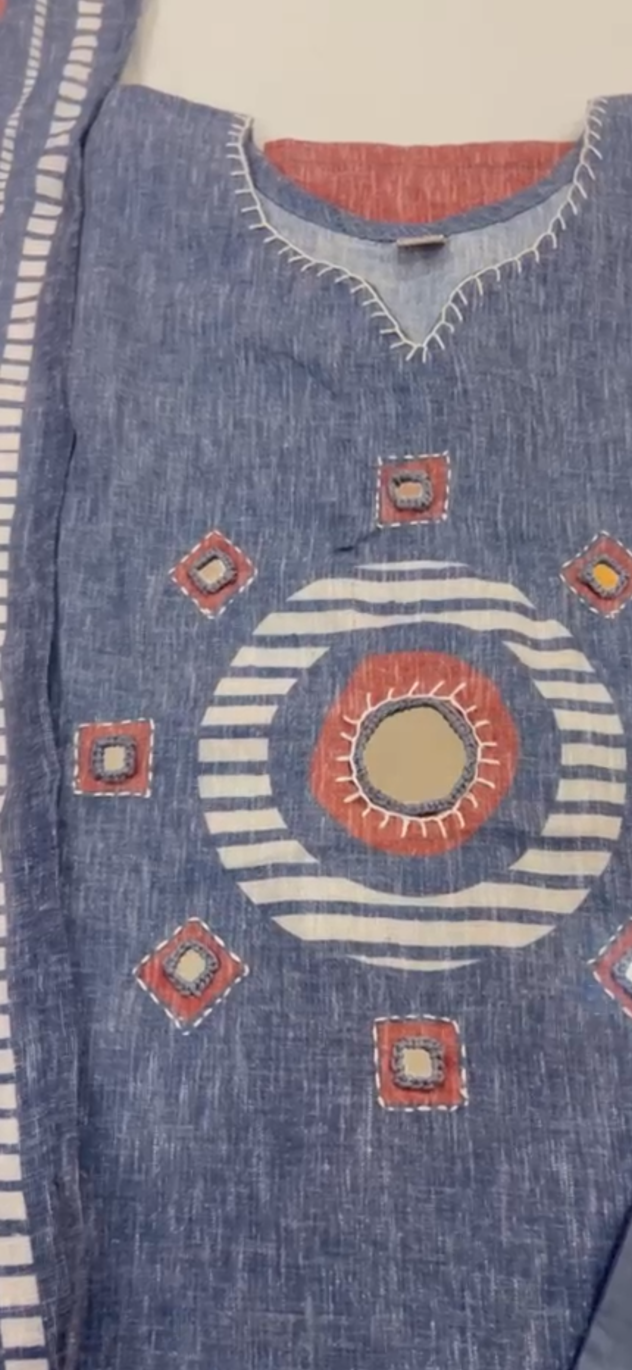 Blue Linen Kurta Set with Mirror Work & Geometric Print Dupatta
