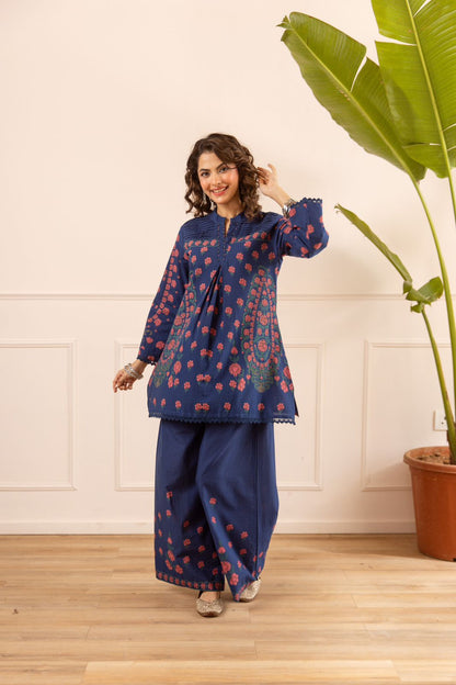 Cotton Slub Flared Co-Ord Set with Floral Print, Pleated Design & Handwork