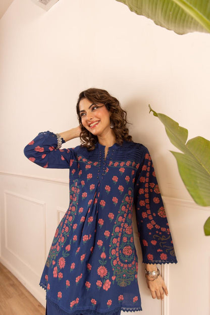 Cotton Slub Flared Co-Ord Set with Floral Print, Pleated Design & Handwork