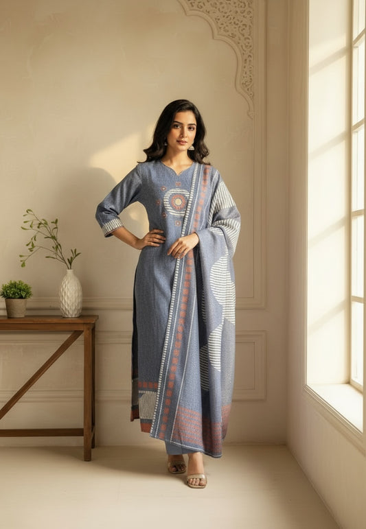 Blue Linen Kurta Set with Mirror Work & Geometric Print Dupatta