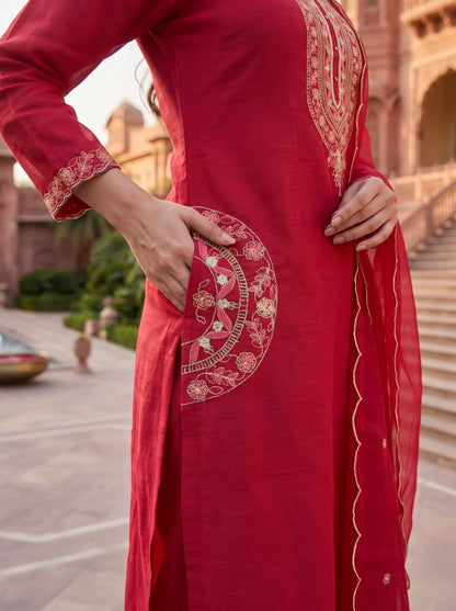 Rani Pink Embroidered Cotton Kurta Set with Dupatta
