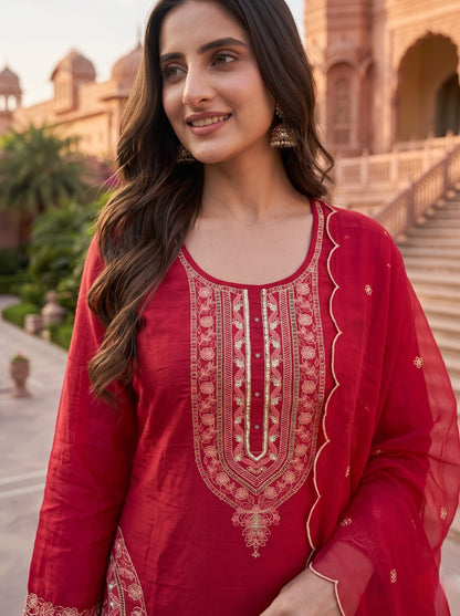 Rani Pink Embroidered Cotton Kurta Set with Dupatta