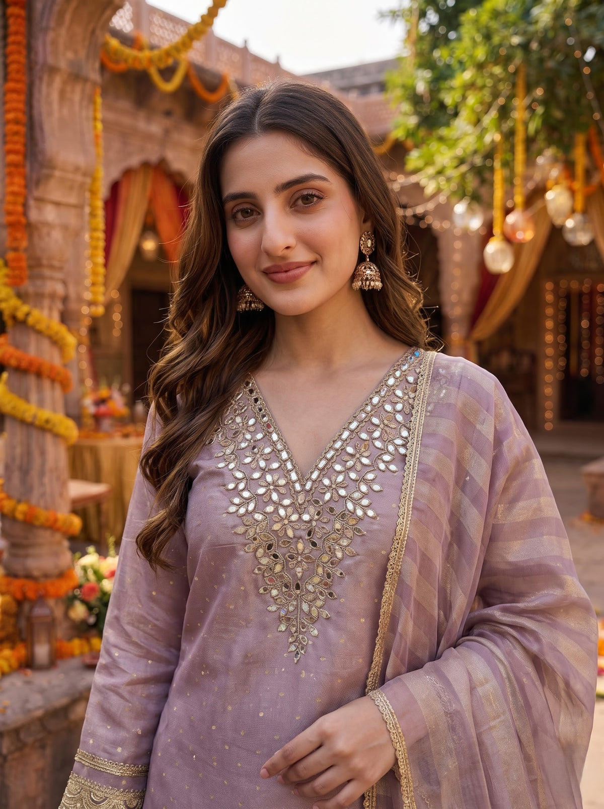 Mauve Tissue Shimmer Jacquard Kurta Set with Mirror Work