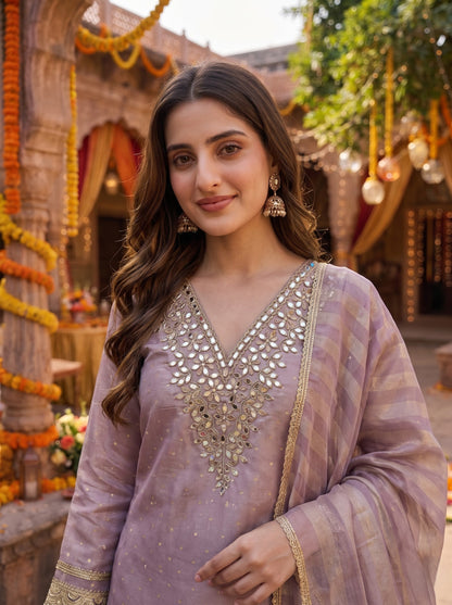 Mauve Tissue Shimmer Jacquard Kurta Set with Mirror Work