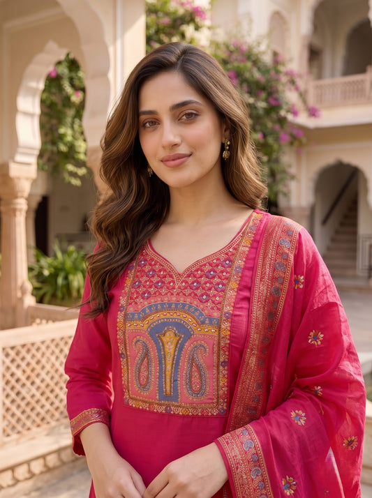 Rani Pink Silk Kurta Set with Banarasi Dupatta