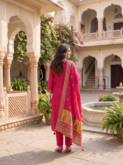 Rani Pink Silk Kurta Set with Banarasi Dupatta