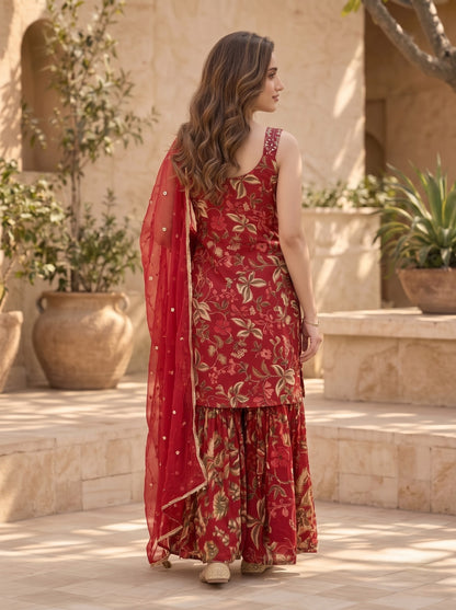 Red Chinon Sharara Set with Handwork & Embroidered Dupatta