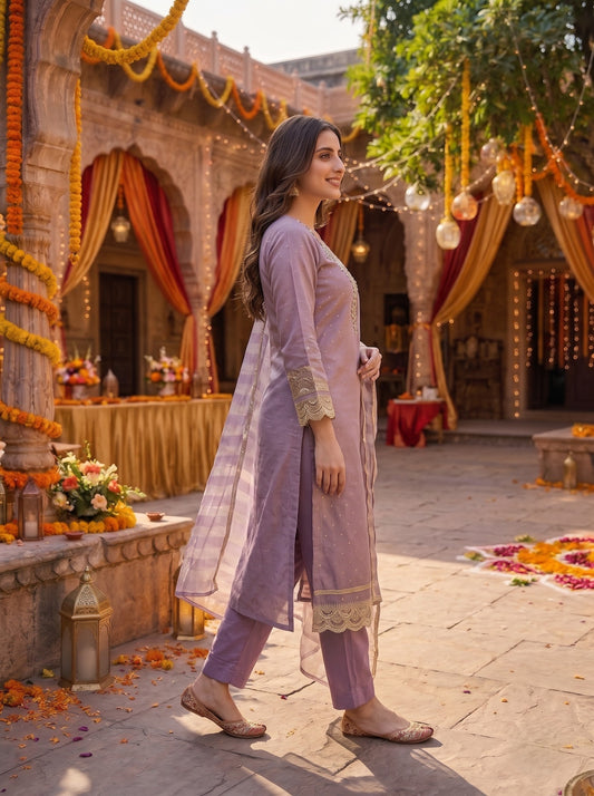 Mauve Tissue Shimmer Jacquard Kurta Set with Mirror Work