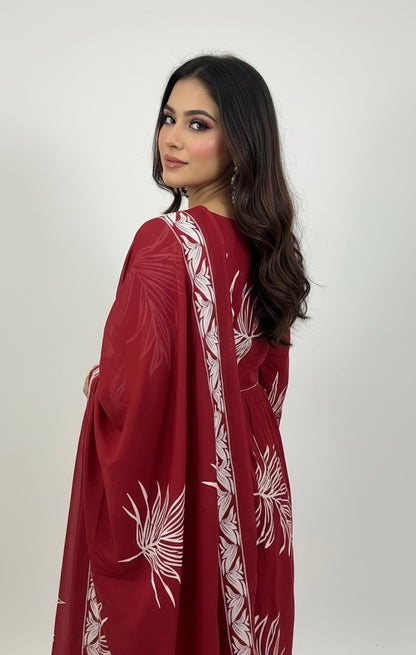 Red Cotton Kurta Set with Pintex Design & Straight Fit Pants