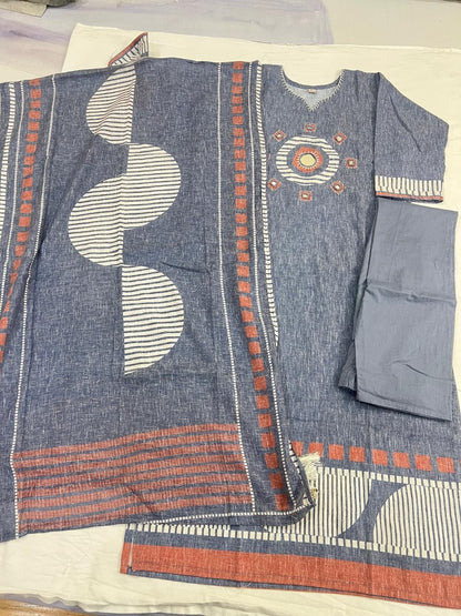 Blue Linen Kurta Set with Mirror Work & Geometric Print Dupatta