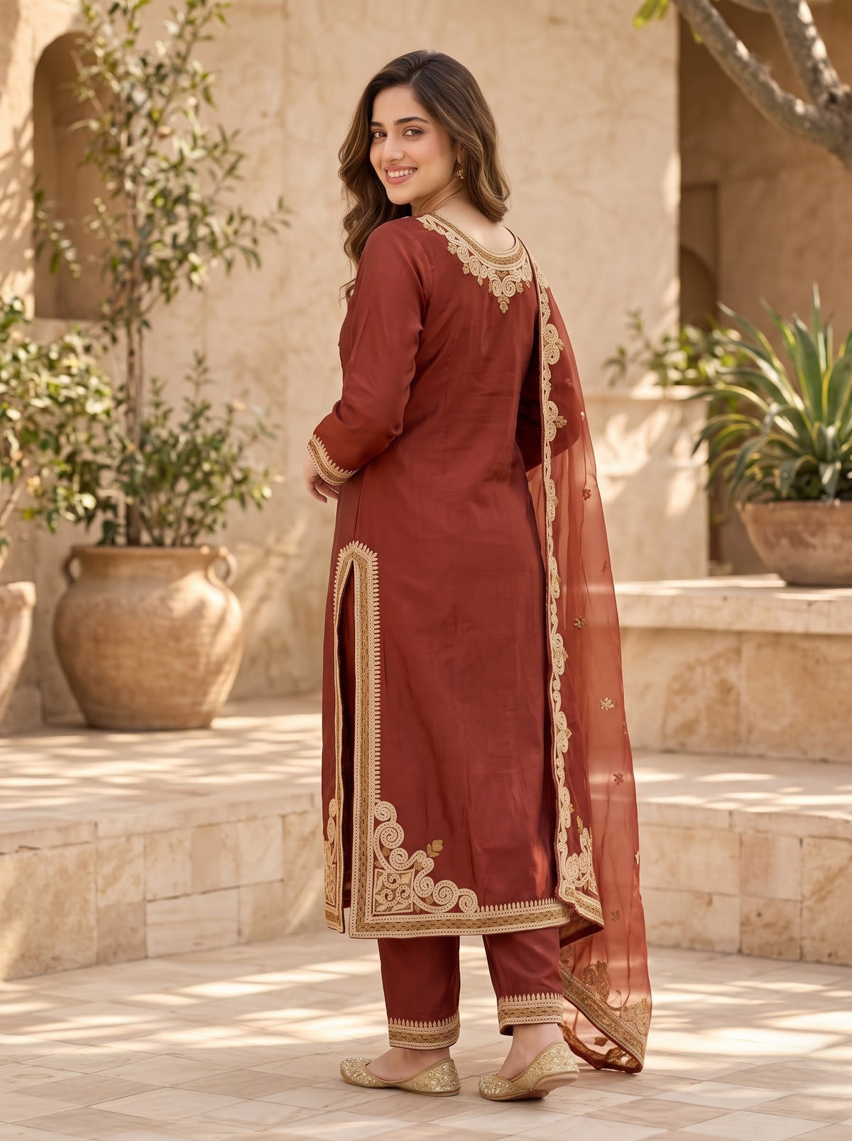 Brown Tassar Silk Kurta Set with Aari Embroidery