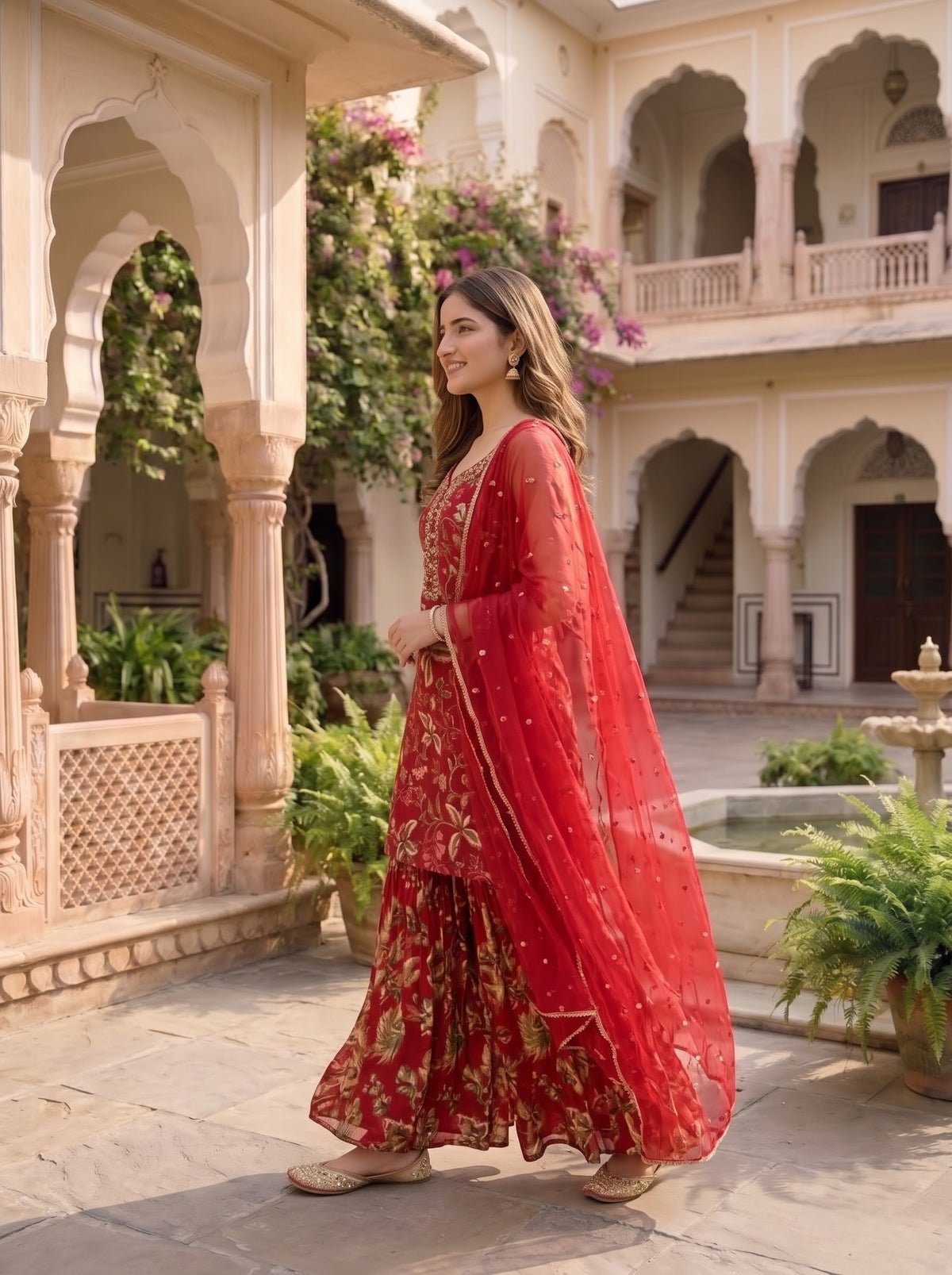 Red Chinon Sharara Set with Handwork & Embroidered Dupatta