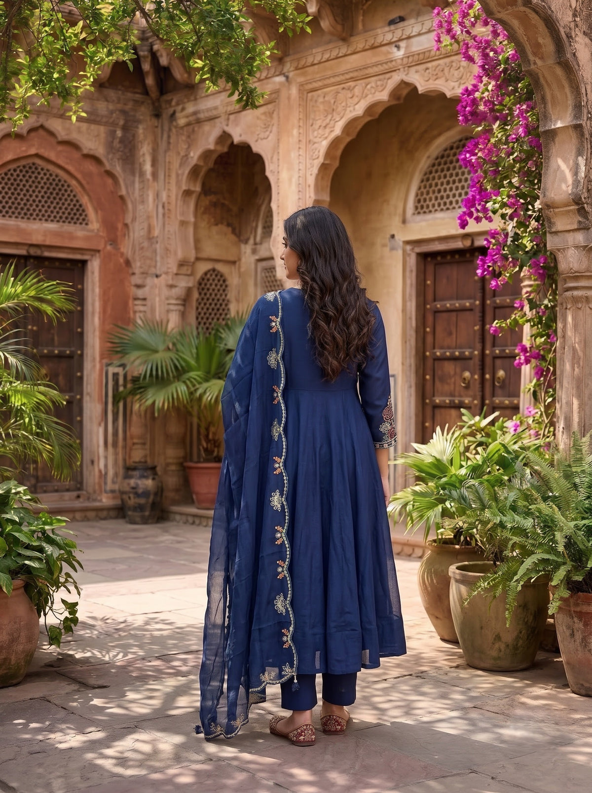 Navy Blue Mal Chanderi A-Line Kurta Set