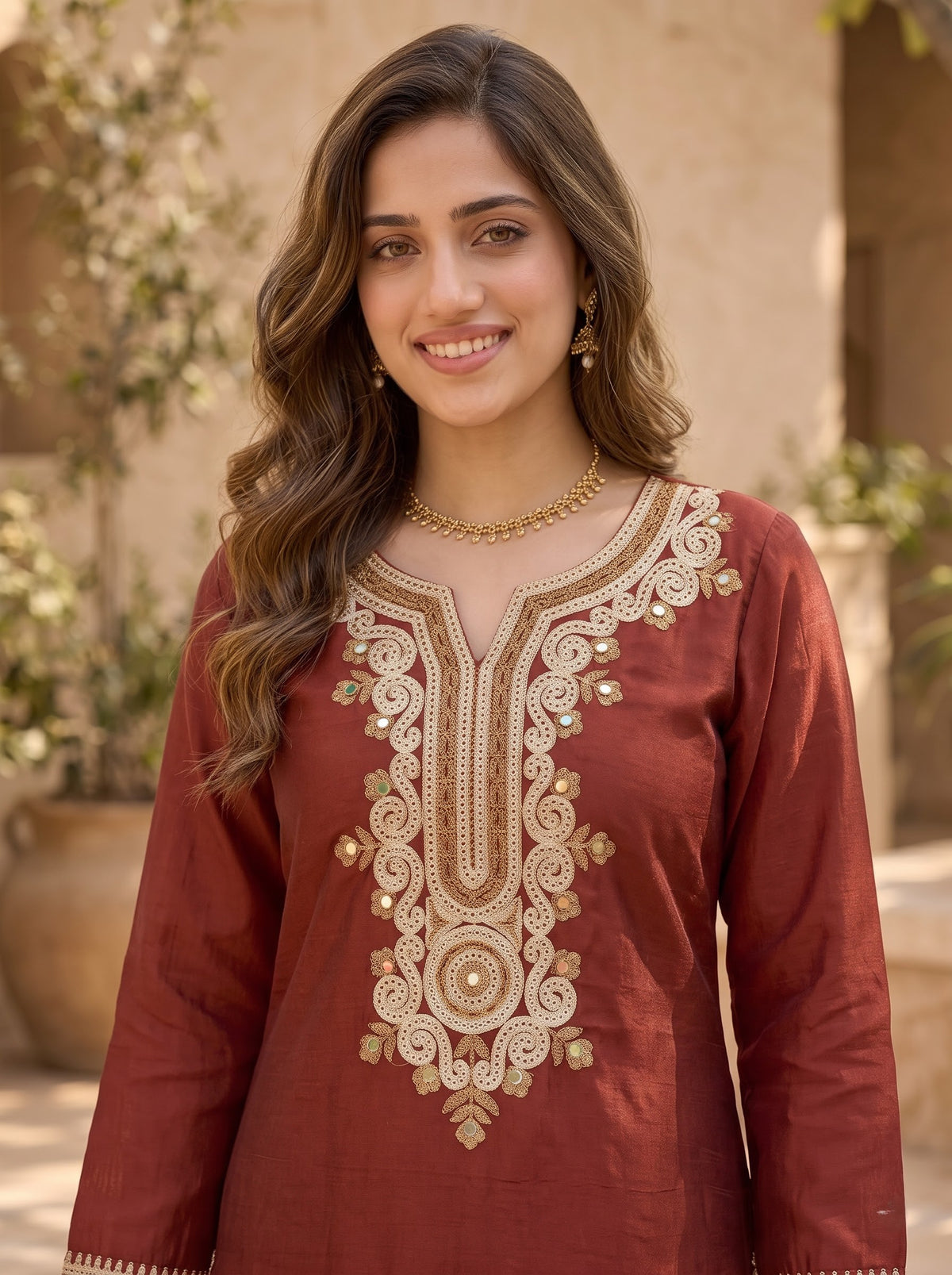 Brown Tassar Silk Kurta Set with Aari Embroidery